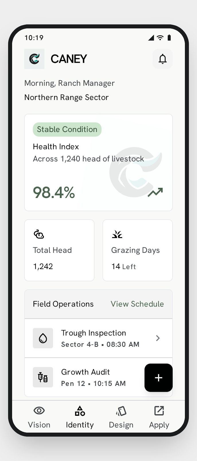Vista del tablero de Caney en un teléfono: índice de salud, total de cabezas y operaciones de campo
